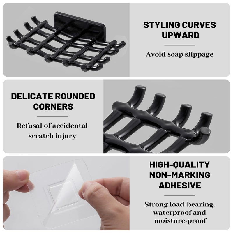 HASSLICKIT Soap Bar Holder for Shower Wall  Self Draining Soap Dish with Hooks  No Drilling  Bathtub Kitchen Sink Waterproof Adhesive Wall Mounted Dish (2 Pack  Black) - Image 3